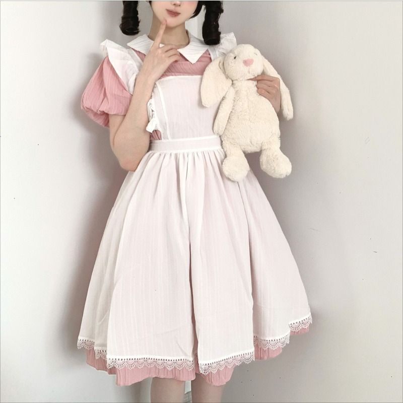 Vintage Fashion Dresses - Длинное розово-белое платье горничной с воротником